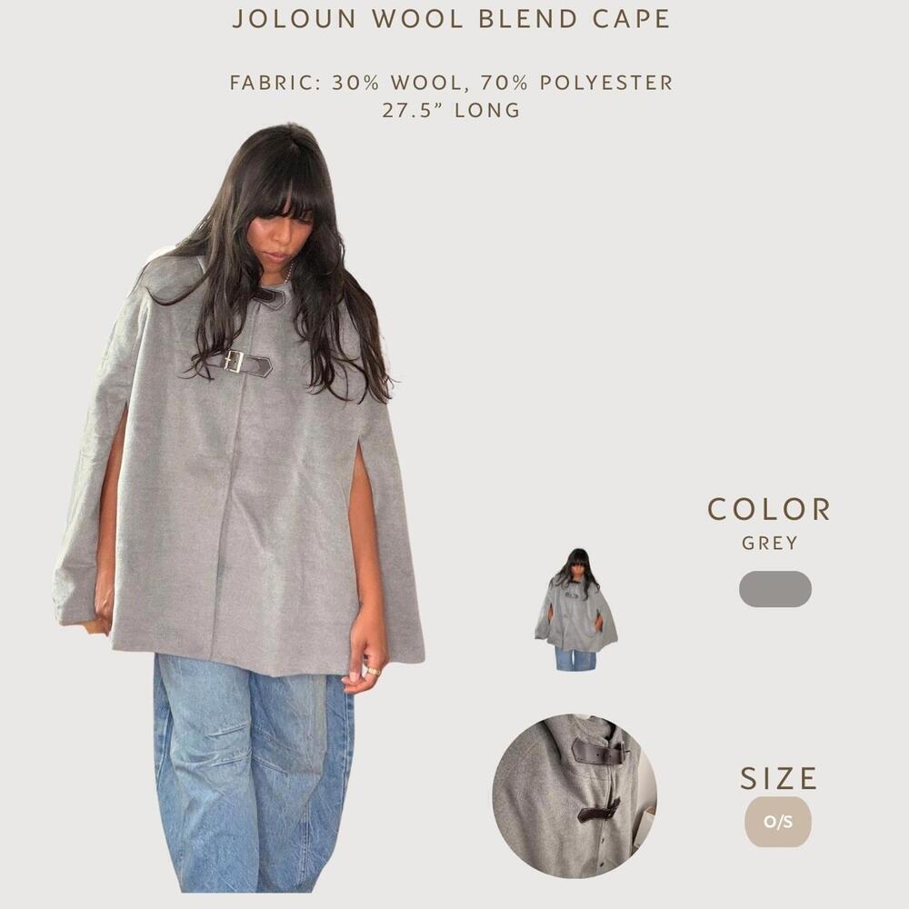 Joloun Grey Wool Blend Cape – Minimalist Poncho Coat – One Size